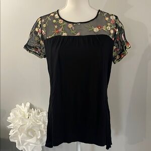 Relativity Floral Embroidered Black Top